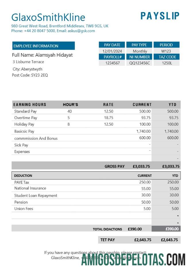 Realista Modelo de recibo de pagamento da GlaxoSmithKline Pharmaceutical Company em formatos Word e PDF.pdf, 1